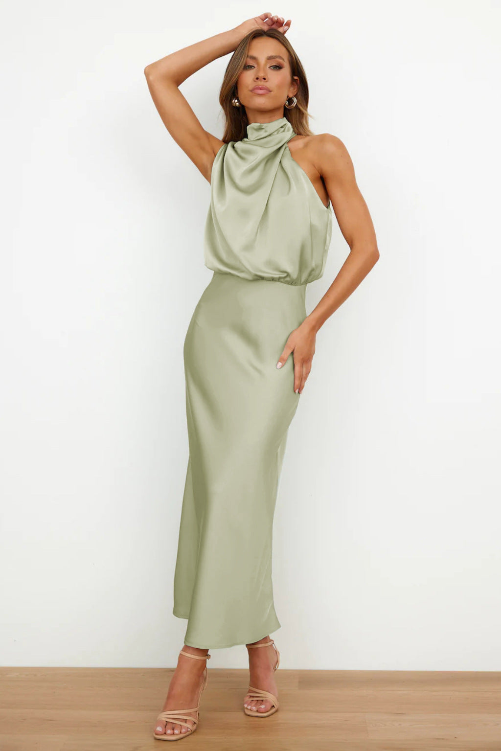 Carlina - Long Satin Dress with Halterneck