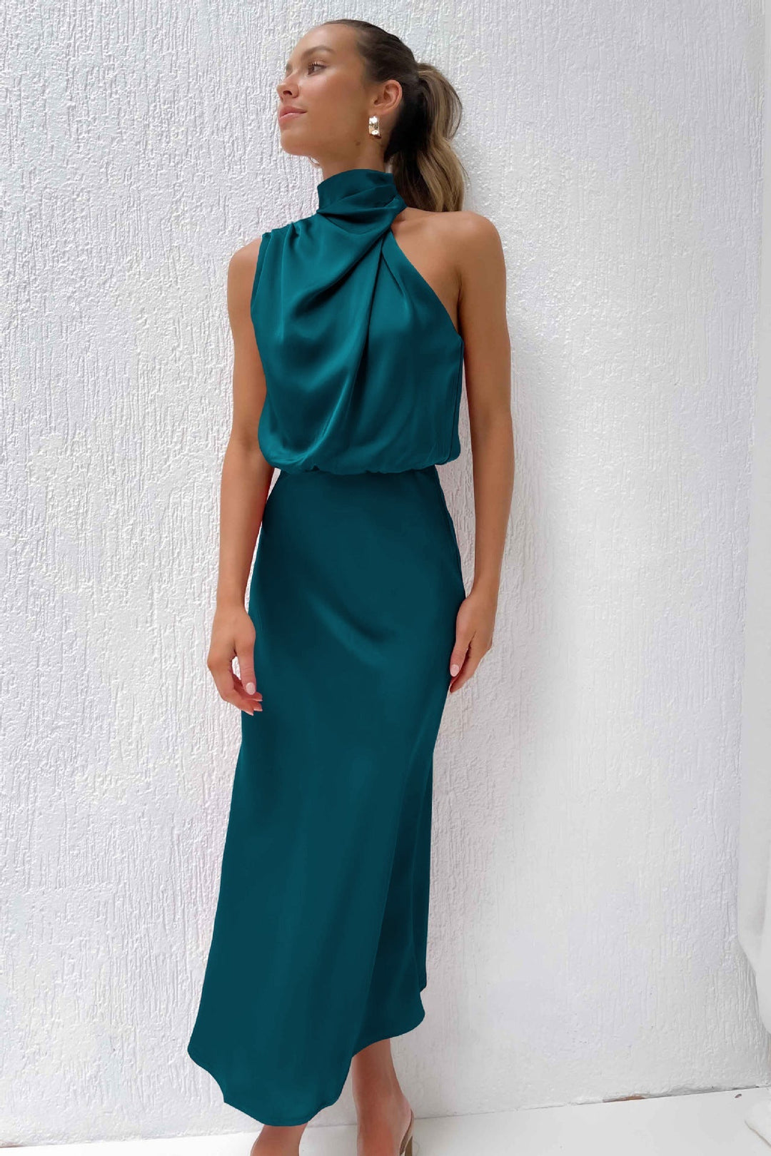 Carlina - Long Satin Dress with Halterneck