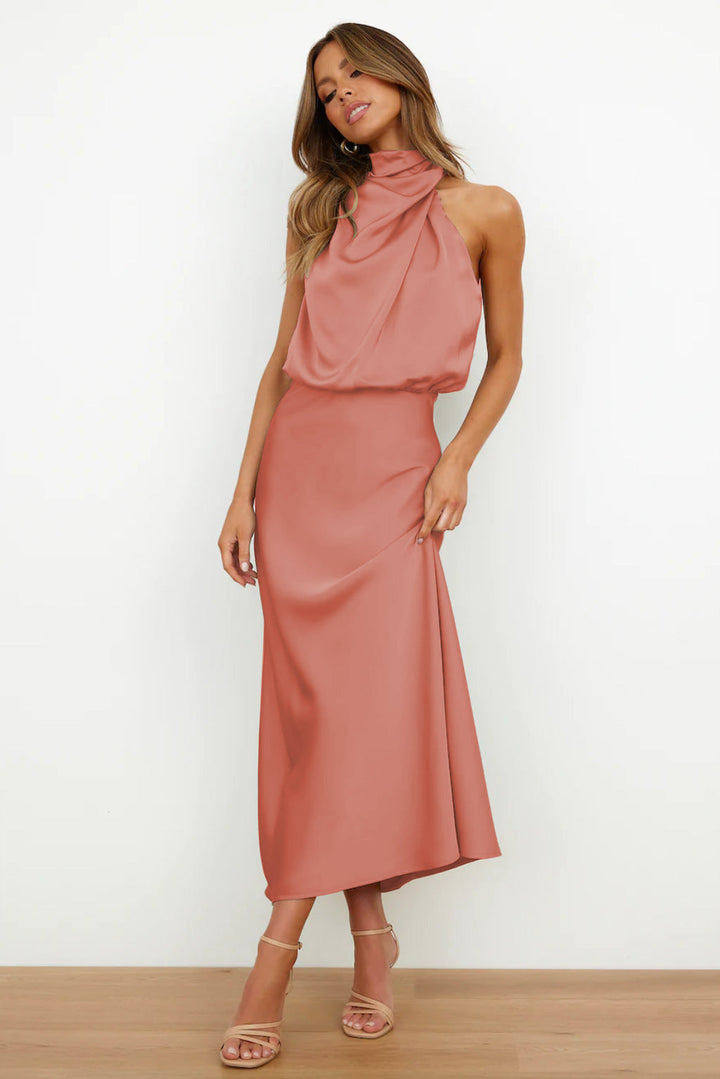 Carlina - Long Satin Dress with Halterneck