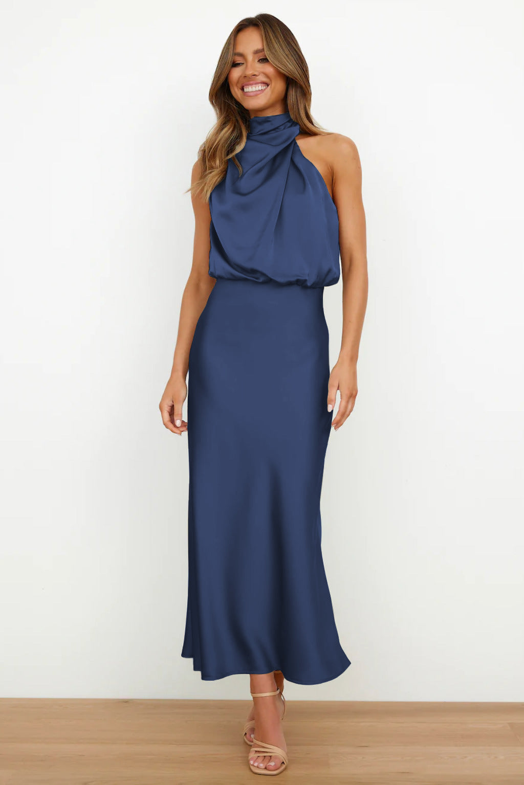 Carlina - Long Satin Dress with Halterneck