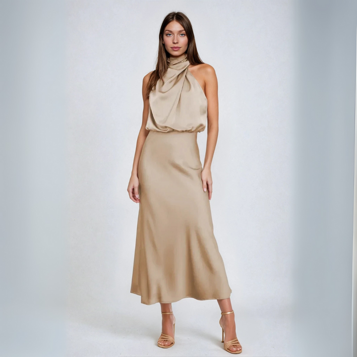 Carlina - Long Satin Dress with Halterneck