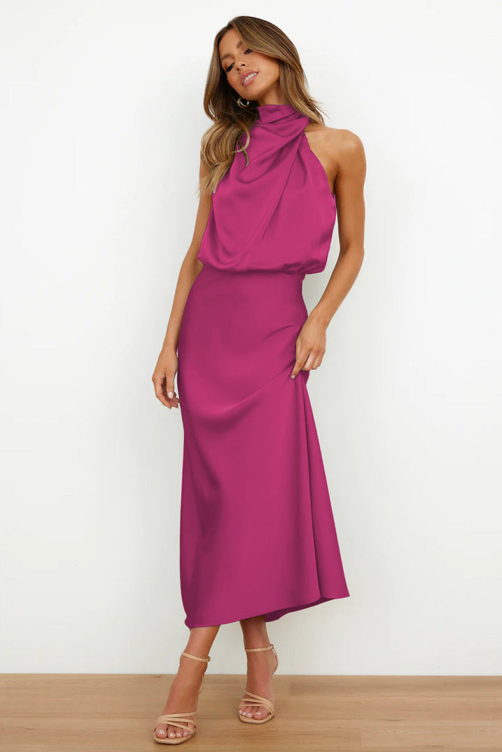 Carlina - Long Satin Dress with Halterneck