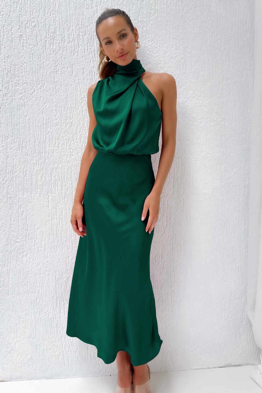 Carlina - Long Satin Dress with Halterneck