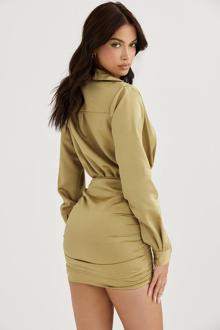 VALENTE® | Olive Satin Shirt Dress